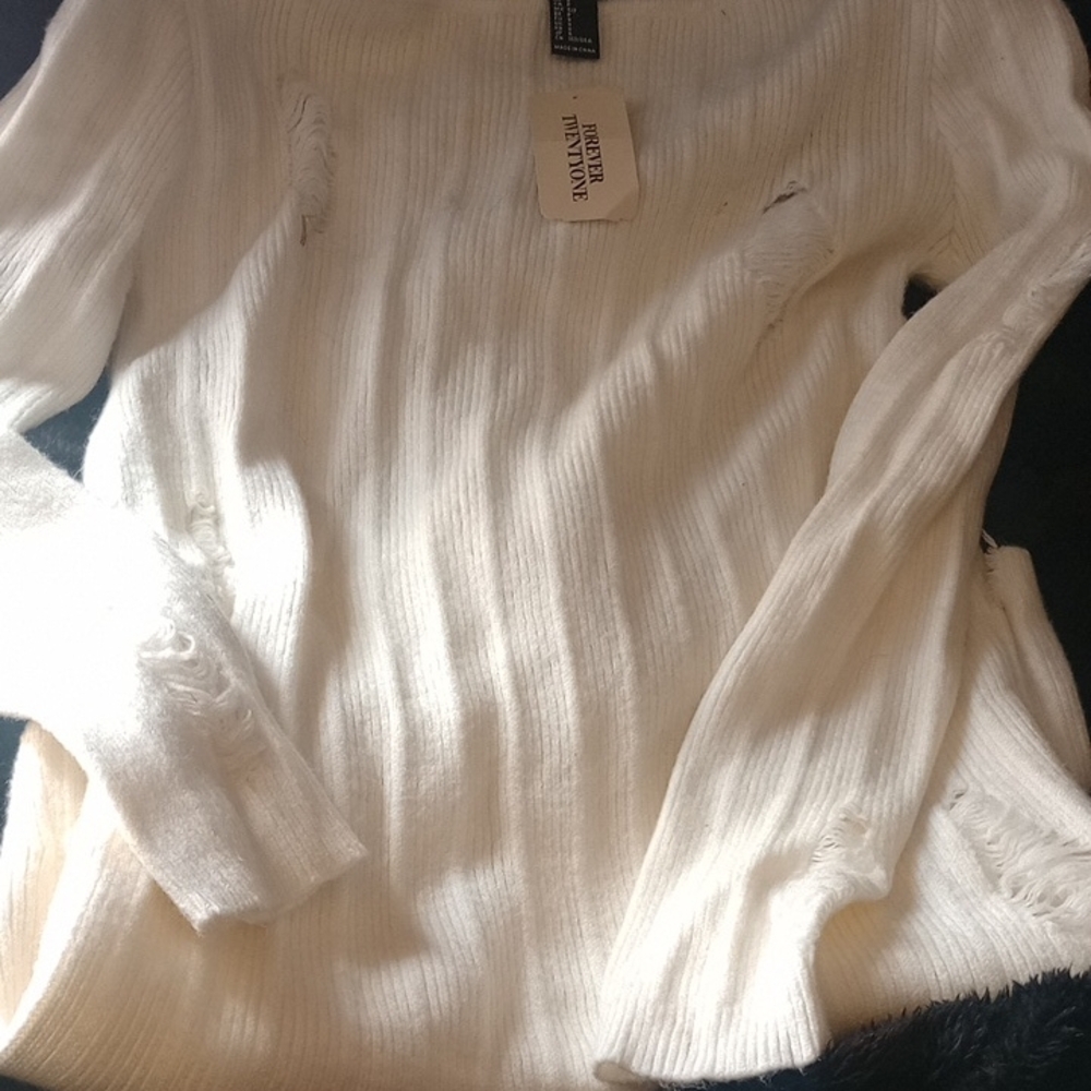Distressed White Sweater